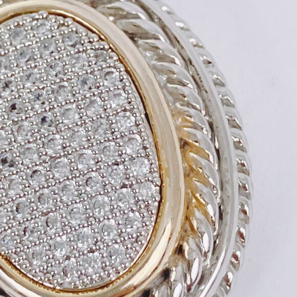 Vintage Signed Two Tone Necklace Pavé Crystal Oval Pendant Box Chain Sparkling - Picture 6 of 14